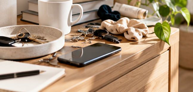 Escritorio con objetos, papeles y cables desordenados de una casa desordenada