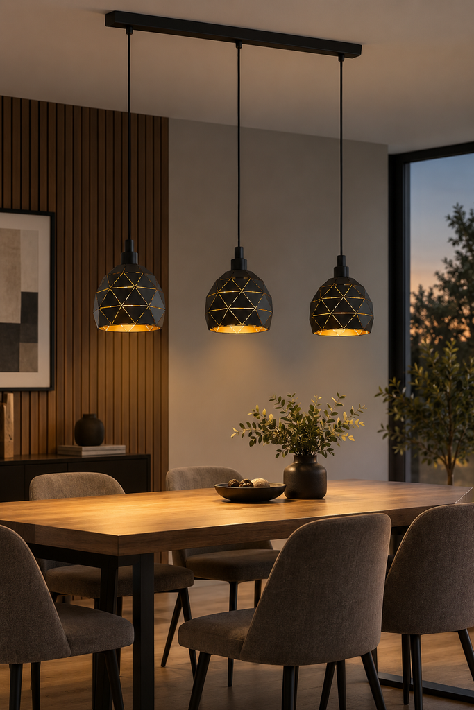 Lámpara colgante EGLO Roccaforte negra y dorada sobre mesa de comedor moderna