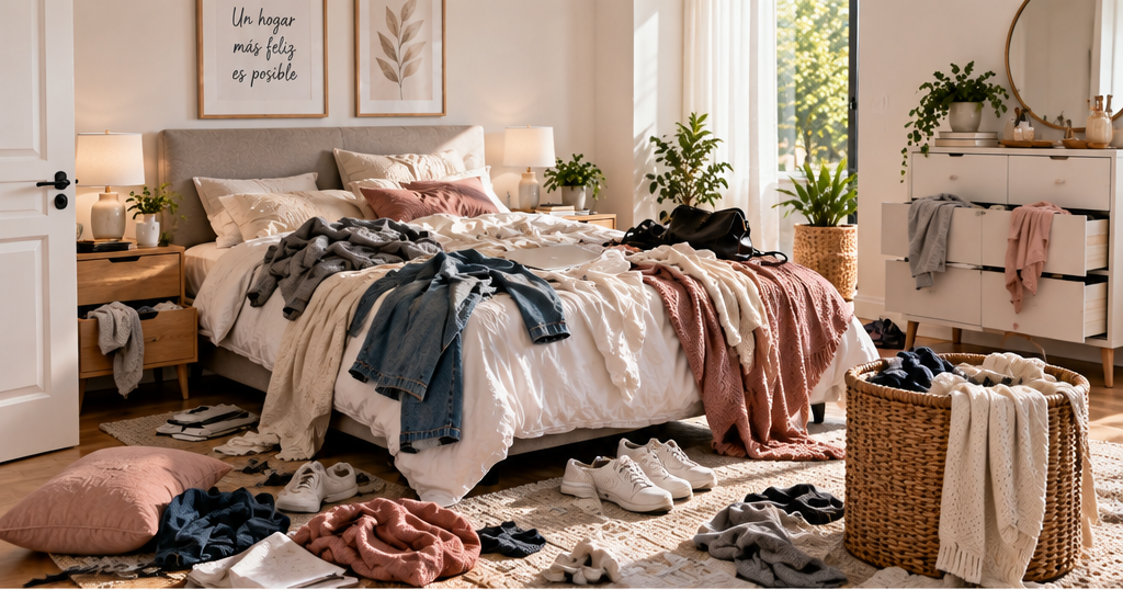 Dormitorio con objetos y ropa desordenados