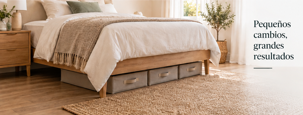 Dormitorio ordenado con espacio debajo de la cama bien organizado
