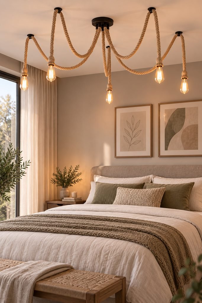 Lámpara colgante MAXDUYU de cuerda con cinco bombillas decorativas en un dormitorio moderno y cálido