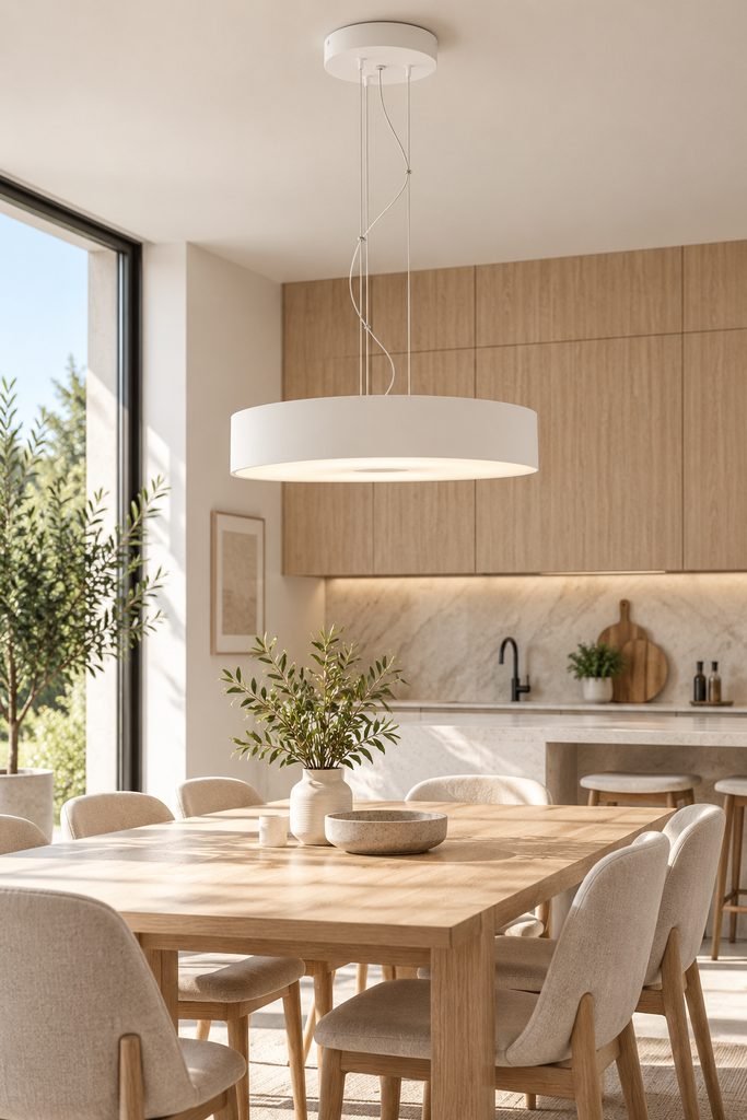 Lámpara colgante Philips Hue Fair blanca sobre una mesa de madera en una cocina moderna y luminosa
