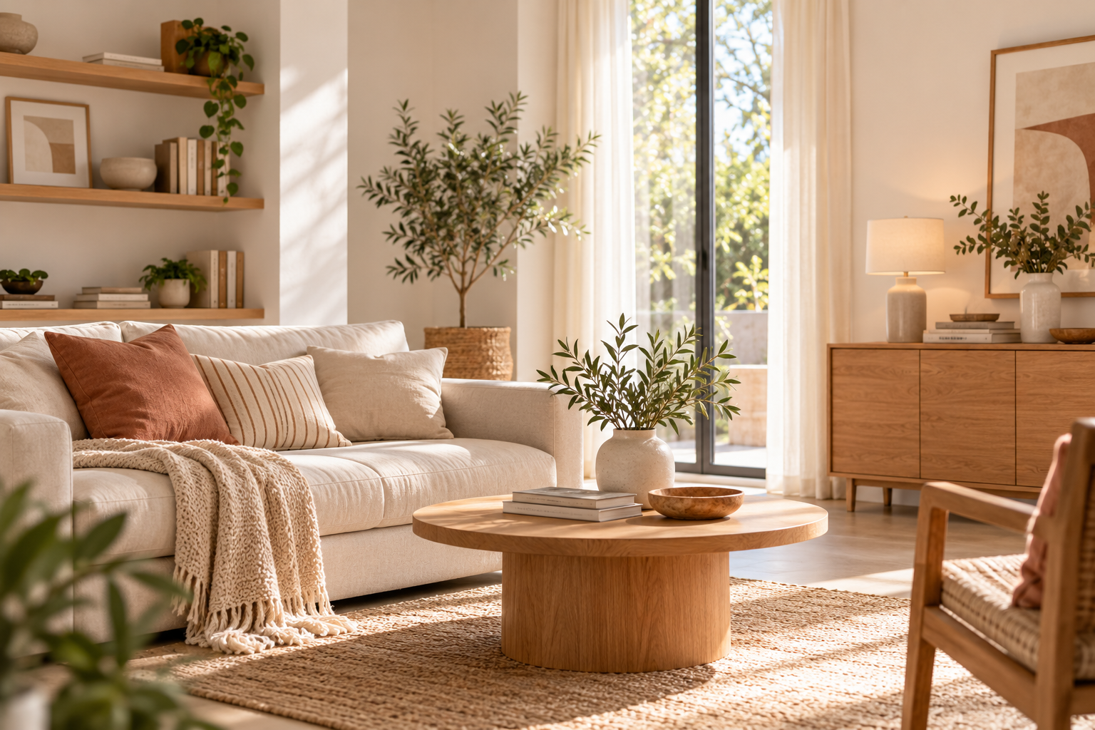 Salón luminoso y ordenado con tonos neutros y madera natural